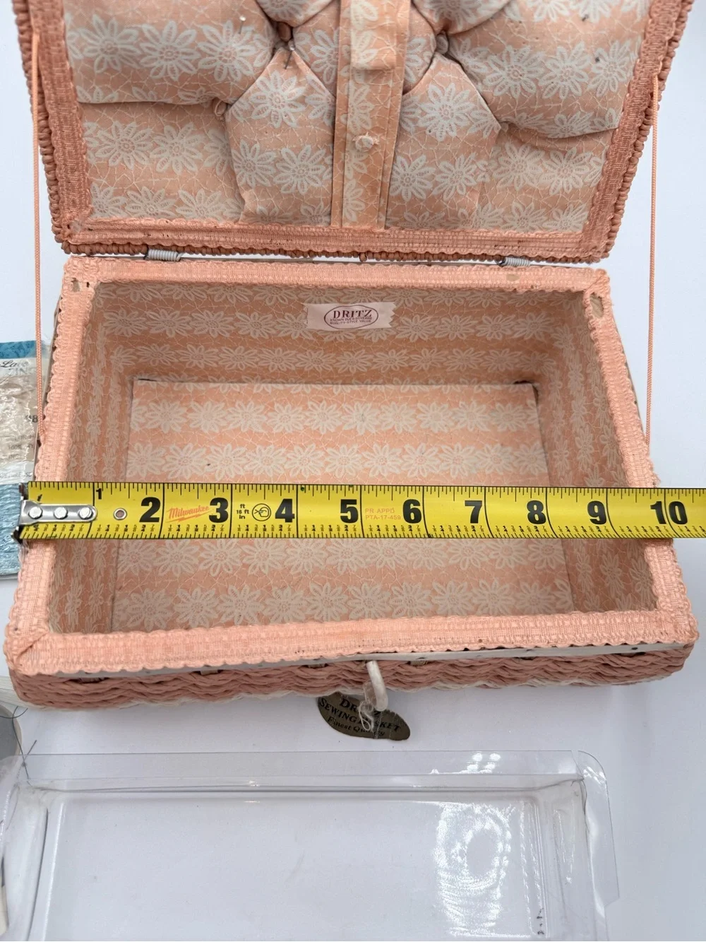 Vintage Dritz Pink Floral Woven Wicker Sewing Basket Pin Cushion W/ Supplies
